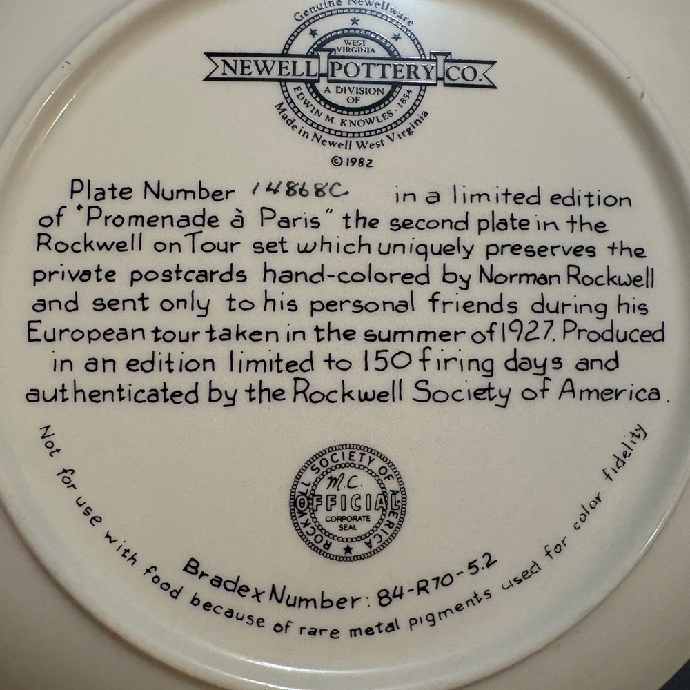 Vintage Norman Rockwell Plate "Promenade A Paris" by Newell Pottery Co. - Picture 4 of 6